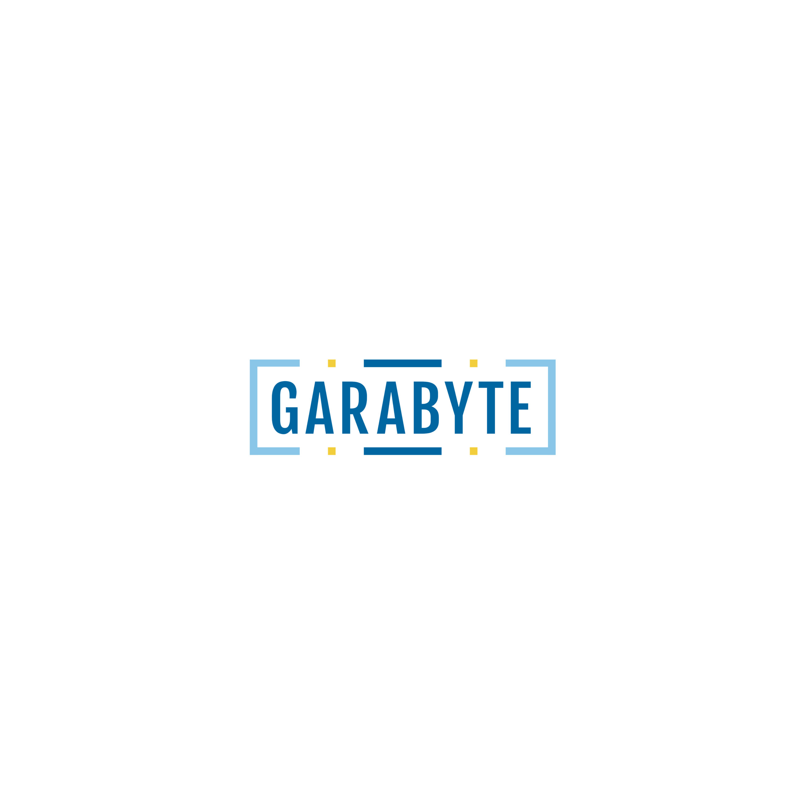 Garabyte logo in blue lettering framed by light blue brackets with small gold accent squares.